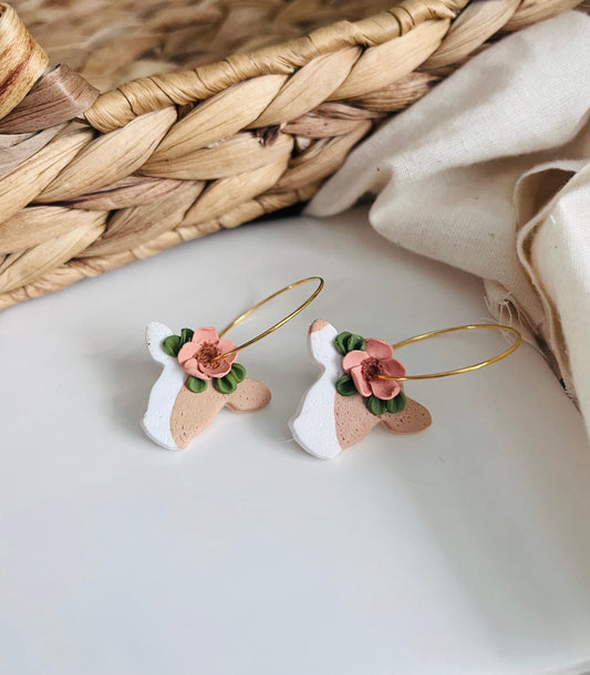 Brown spotted cow with pink flower. Earrings #(189)