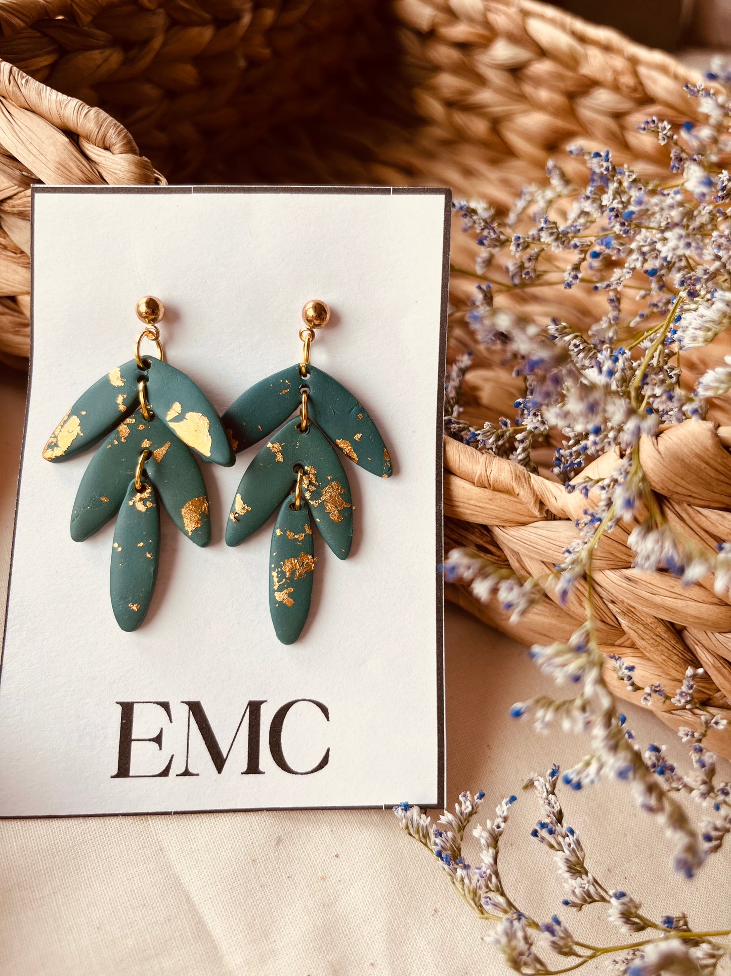 Emerald green with gold flakes and ball stud (earrings #48)